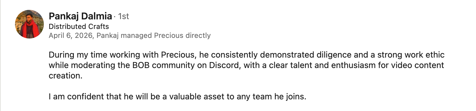 LinkedIn recommendation from Pankaj Dalmia